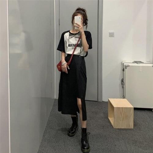 Womens T Shirt Black And White Letter Printing Loose Color Y2k Aesthetic Vogue Matching Raglan Slim Short Sleeve Female T-shirt