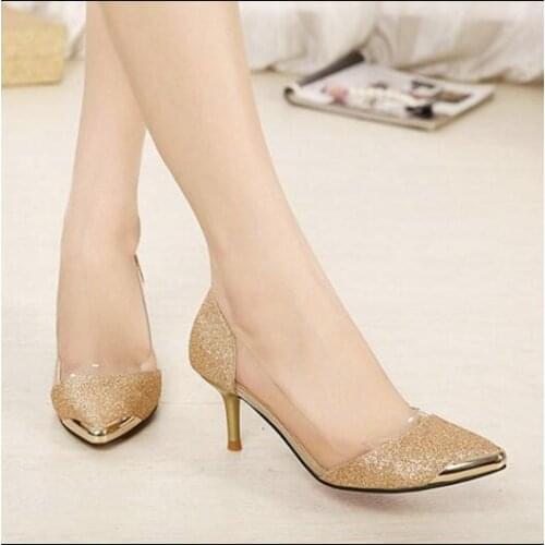Hot Selling PVC Women Wedding pumps Black/Gold/Silver pointed toe high heel shoes for women