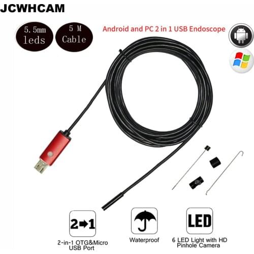 JCWHCAM 5M Cable 5.5mm Lens MircoUSB Android OTG USB Endoscope Camera IP67 Waterproof Snake Tube Pipe Android USB Endoscopie