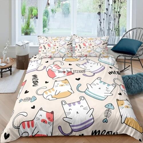 Cartoon Bedding Set Lovely Cat Print Down Quilt Cover Pillowcase for Boys & Girls 2/3 King & Queen Double Size Bedding
