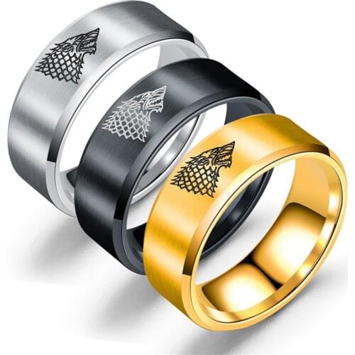 MANGOSKY 8MM Game of Ice Wolf Ring House Stark of Winterfell Men Ring Engraved Wolf Punk Vintage Rings