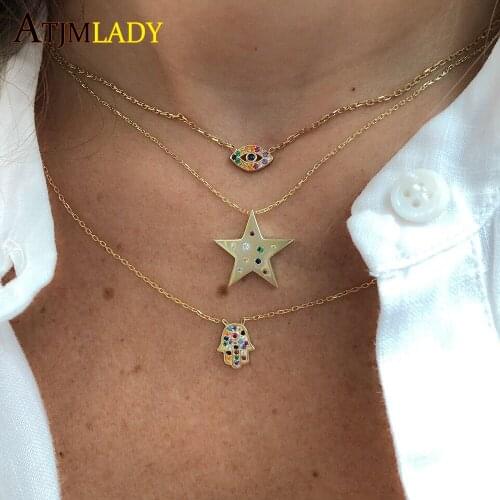 Micro pave multi colored cz tiny cute minimal star pendant necklace fashion women gold filled jewelry women rainbow cz necklace