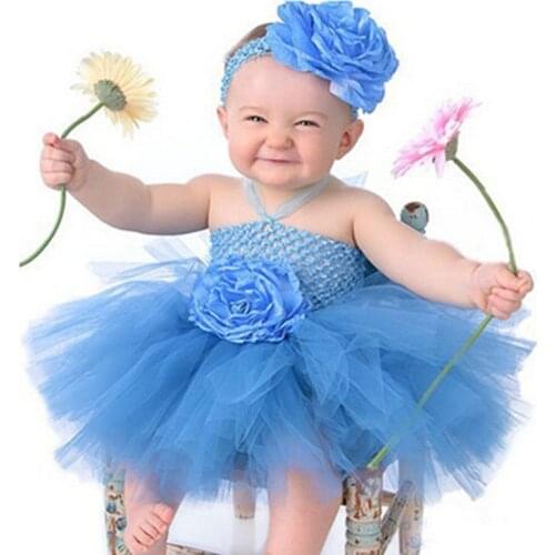 Cute Baby Girls Crochet Flower Tutu Dress Girls Fluffy 1Layer Tulle Ballet Tutus with Daisy Infant Party Banquet Dresses Cloth