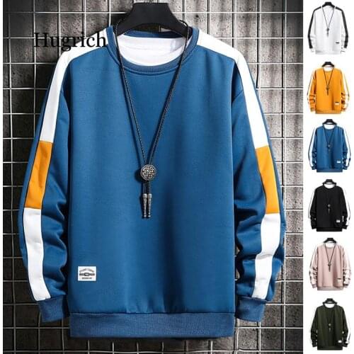 Casual Sweatshirts Men 2021 New Trend Harajuku Hoodies O-Neck Long Sleeve Mens Solid Patchwork Sweatshirt Pullover Hip Hop Tops