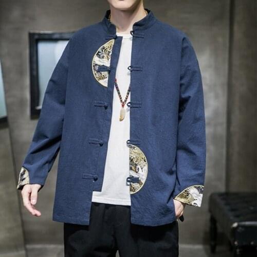 Men Chinese Style Hanfu Tops Tang Suit Tai Chi Kung Fu Clothes Jackets Cotton Linen T-Shirt Oriental Fashion Clothing 30461