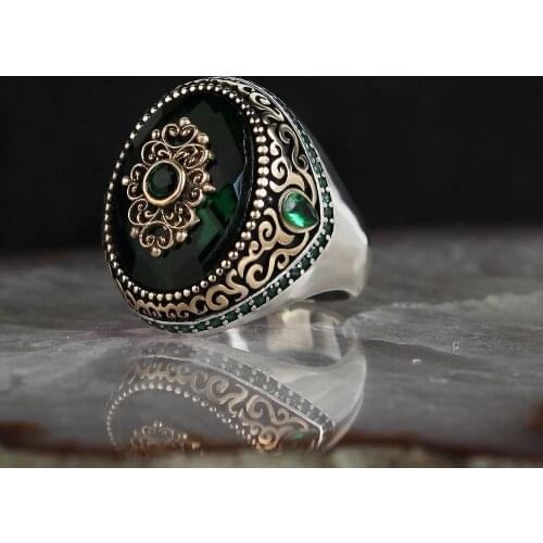 Green Zircon 925 Sterling Mens Silver Ring