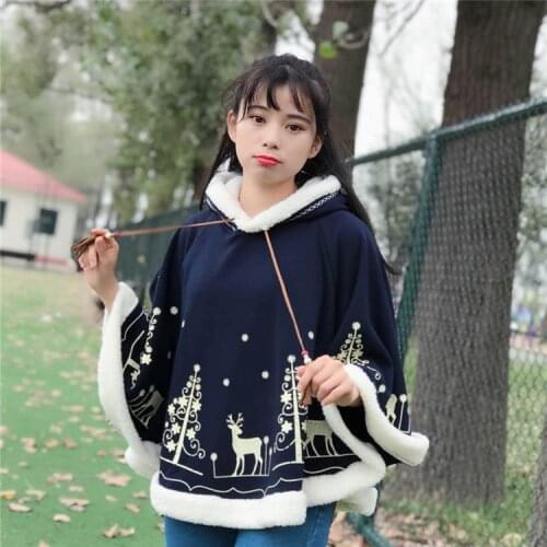 Winter New Milu Deer Printing Women Cape Harajuku Cloak Fleece Warm Pullover Navy blue Flannel Young Girls Students Hoodies