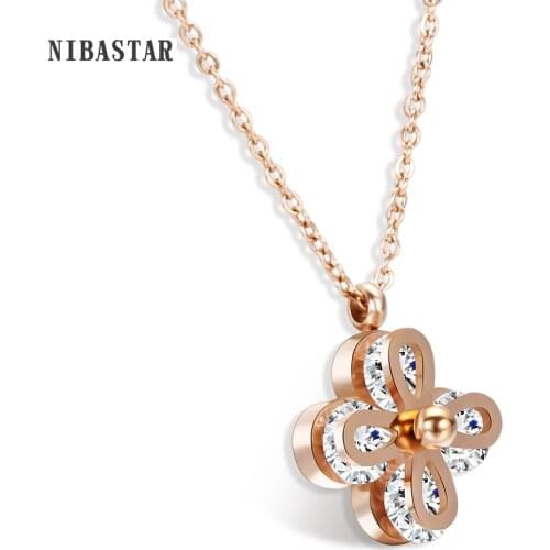 New Arrival 316L Stainless Steel Chain Rose Gold Color Korean Flower AAA Cubic Zirconia Pendant Necklace Wedding Jewelry