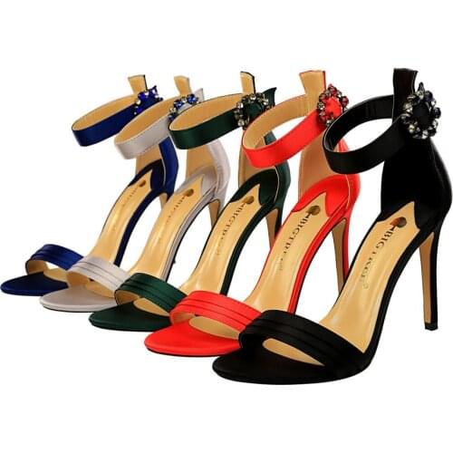 European and American wind sexy thin heel high heel satin open toe a word with water diamond button female sandals