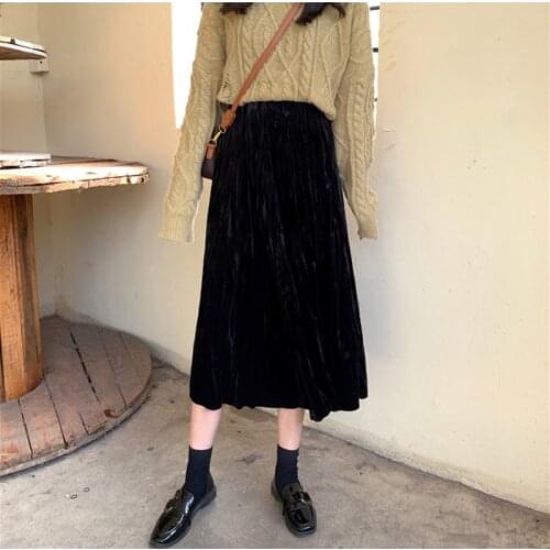 2021 Autumn Winter Casual Woman Skirt High Waist Vintage Elegant Female Skirt Shinny Long Pleated All-match Ladies Skirts