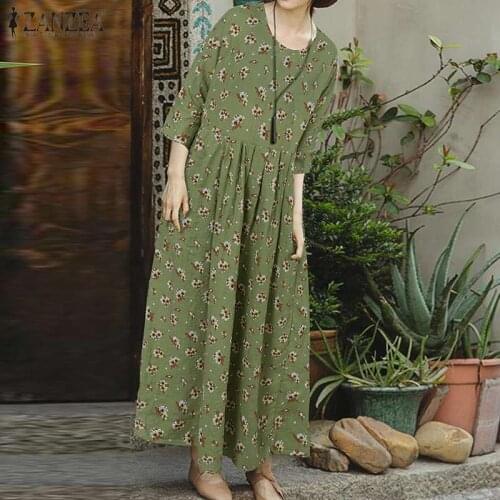ZANZEA Women Retro Dress 2021 Summer Print Maxi Vestidos Casual Pleated Cotton Linen Sundress Female O-neck Robe Oversize
