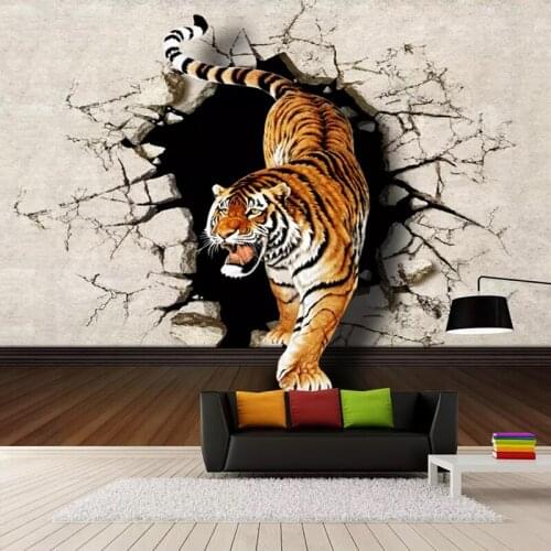 Drop Shipping Custom Photo Wallpaper Modern 3D Stereoscopic Tiger Breaking Wall Large Wall Painting Sofa Mural Picture