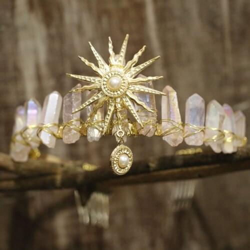 The sun goddess pink crystal crown raw crystal jewelry hair accessories sun shining headband photography props dress party gift