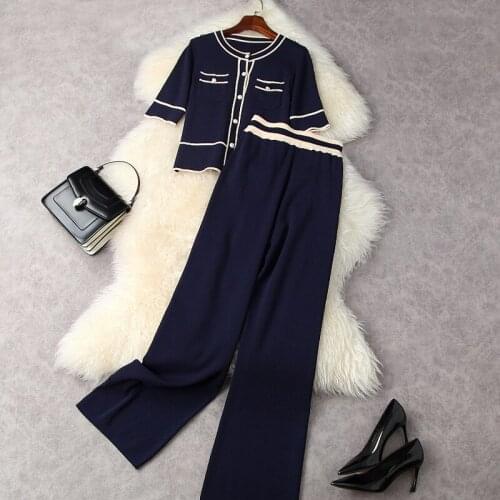 Spring summer women elegant knitted pants set deep blue buttons pockets short cardigan + wide leg long pants 2 piece set Y569