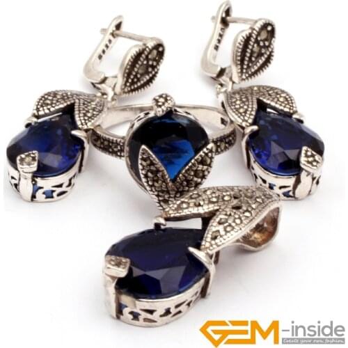 Dark Blue Crystal Antiqued TibetAn Silver Ring Earrings Pendant Jewelry Sets Fashipn Jewelry For Party Women Gift