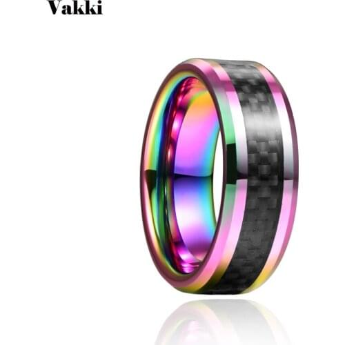 VAKKI 8mm Colorful Inlaid Black Carbon Fiber Tungsten Carbide Ring Wedding Band Men Rings Engagement Jewelry