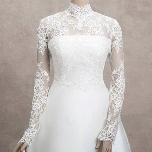 2019 Vintage Custom Fashion High Neck Long Sleeve White Ivory Sheer Lace Appliques Wedding Top Jacket Bolero Handmade jacket