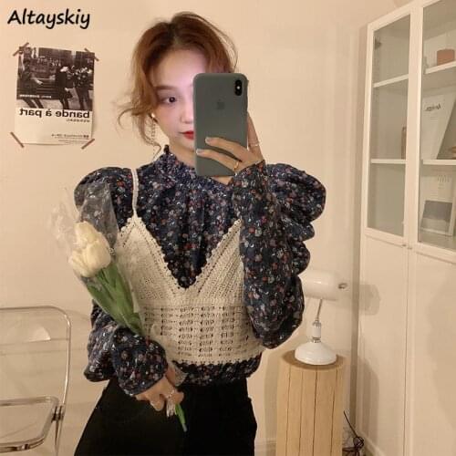 Sets Women Tops Vintage Floral Puff Sleeve Prairie Chic Elegant Female Fashion Sweet Hook Flower Out Folds Trendy Clothing Chic