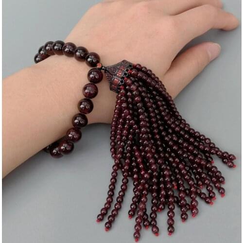 YYGEM 4mm garnet Tassel Mala Stretch Adjustable Natural Round Garnet Bracelet Cubic Zirconia Pave Cap