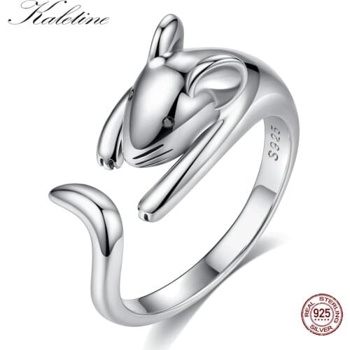 Kaletine 925 Sterling Silver Rings for Women Naughty Cut Mouse Finger Cute Long Tail Black CZ Eye DIY Jewelry Christmas Gifts