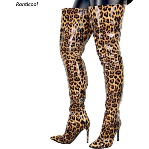 Ronticool Women Winter Thigh High Boots Leopard Back Zipper Stiletto Heels Pointed Toe Brown Blue Grey Club Shoes Us Size 5-15