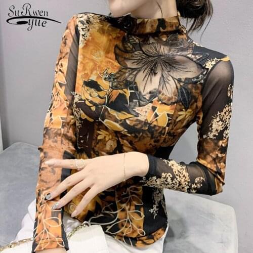 Women Sexy Tops Shirt Autumn New Long Sleeve T-shirt Fashion Lace Shirt Half High Collar Print Gauze Slim Blusa Elegant 17007