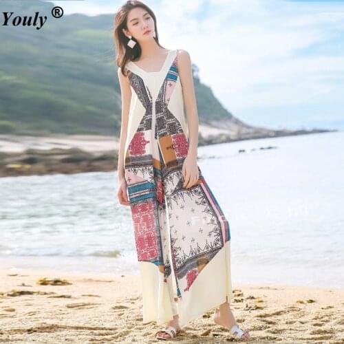 Vintage Chiffon Jumpsuit Women Sexy sleeveless V-Neck Printed Boho Jumpsuit Elegant Casual Wide Pants Jumpsuit Long Playsuits