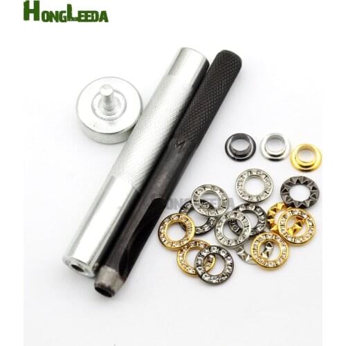 DIY 1 sets hand press tools + 80sets/lot 3colors 12mm round metal brass rhinestone eyelets glass grommets free shipping