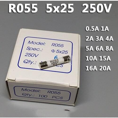 100pcs Fuse R055 core 5 x 25 5 x25mm0. 5 a1a3a6a8a10a16a20a RO55 ceramic fuse tube