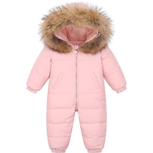 2021 Baby Duck Down Clothes For Boys And Girls Pure Color Winter Snowsuits 0-3y Toddler Overalls Long Sleeve Infants With Fur