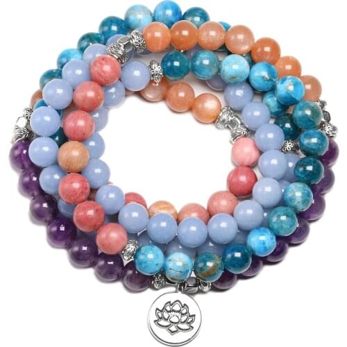 Natural Stone 108 Mala Bracelet For Men Angelite Apatite Sunstone 8MM Beads Bracelets Women Yoga Meditation Lotus Charm Jewelry