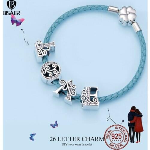 BISAER Hot Sale 925 Sterling Silver Letter A To Z Alphabet Shape Beads Charms fit for Charm Bracelets Silver 925 Jewelry Making
