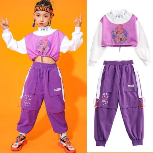 Children Hip Hop Dance Costume Girls Crop Tops Purple Pants Modern Ballroom Dancing Clothes Hiphop Suit Jazz Dance Wear BL5692