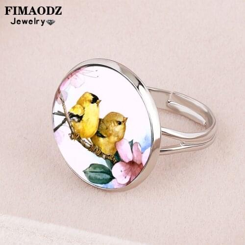 FIMAODZ Lovely Bird Flower Art Photo Ring Cherry Parrot Picture Glass Cabochon Adjustable Rings Jewelry Accessories
