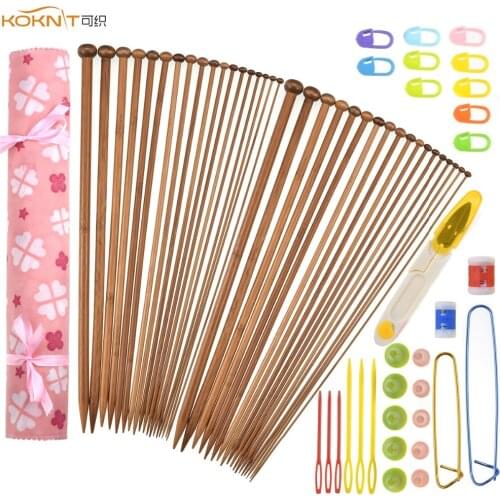 KOKNIT Bamboo Knitting Needles 36pcs Mix 2.0mm-10.0mm Single Point Yarn Weave Knitting Needle With Pink Bag and Sewing Accessory