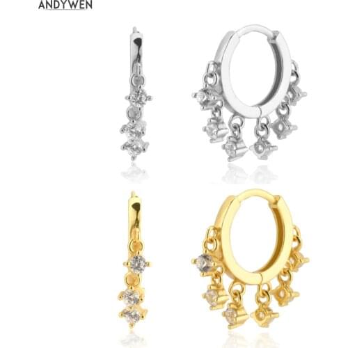 ANDYWEN 925 Sterling Silver Gold Clear Zircon Tiny Charm Hoops Huggies Loops Clips Rock Punk Fashion Fine Jewelry 2020 Rock Punk
