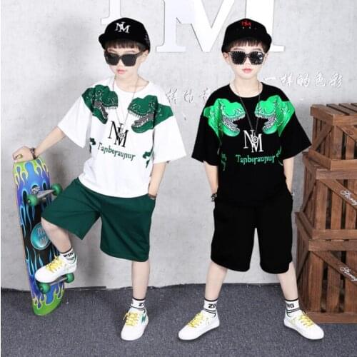 Boys Casual Sport Suit Clothing Set Cartoon Dinosaur Print Short Sleeve Childrens Set Boys Clothes 2020 New 6 8 10 12 14 years