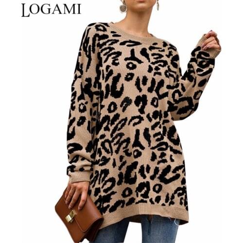 LOGAMI Vintage Thick Leopard Knitted Long Sweater And Pullovers Women Loose Casual Autumn Winter Sweater Jumper Top Femme 2019