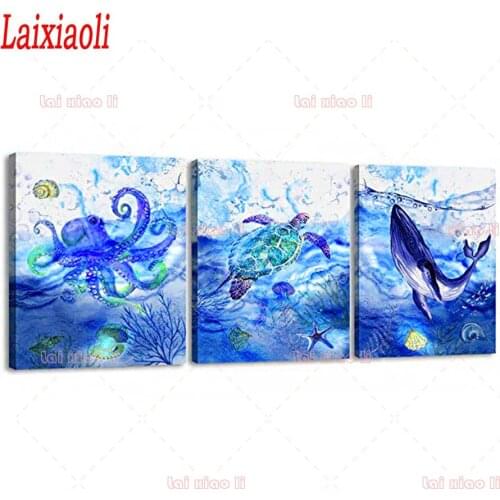 Full Square round Diamond embroidery Seahorse turtle octopus mosaic 3 pcs Diamond Painting marine life Cross Stitch Kits decor