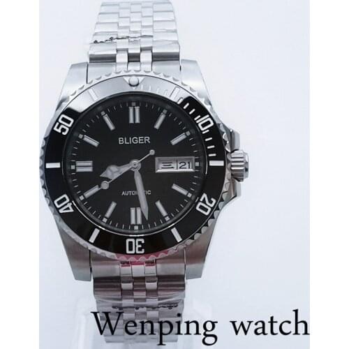 New BLIGER 40mm Mens Luxury Mechanical Sterile Watch Sapphire Glass Black Dial Bezel Date Calendar NH36A Movement Automatic