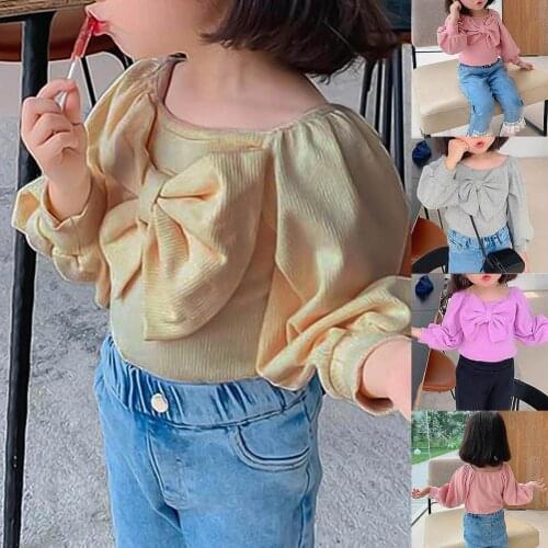 2021 Spring Autumn Fashion New Baby Girls Clothes Little Girls Rib Long Sleeve Bowknot O Neck Blouse Basic T-shirt Cute Gift