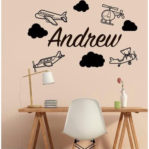 Personalized Name Wall Decal Vinyl Sticker Airplanes with Clouds Wall Stickers Custom Name Kids Room Decor Accessories C205