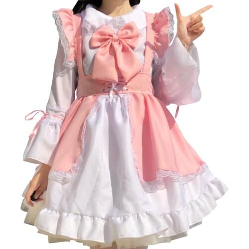 Pink Lolita Dresses Womens Maid Outfit Sweet Gothic Anime Cosplay Costume Apron Dress Uniforms Halloween Costumes Plus Size