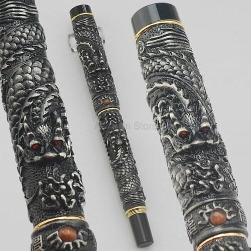 Jinhao Wholesale Price Fountain Pen Grey Small Double Dragon Playing Pearl Metal Carving Embossing Heavy Pen For Office & School