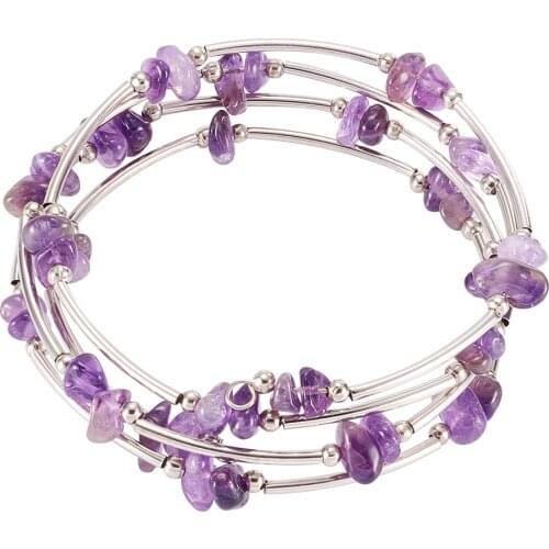Irregular Natural Amethyst Stone Chip Beads Bracelet Jewelry Steel Warp Bracelet Bangle for Women
