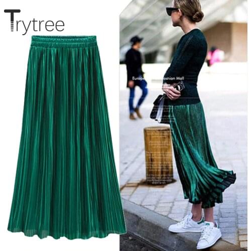 Trytree Spring Summer Pleated Skirt Womens Vintage High Waist Skirt Solid Long Skirts New Fashion Casual Metallic Skirt Female