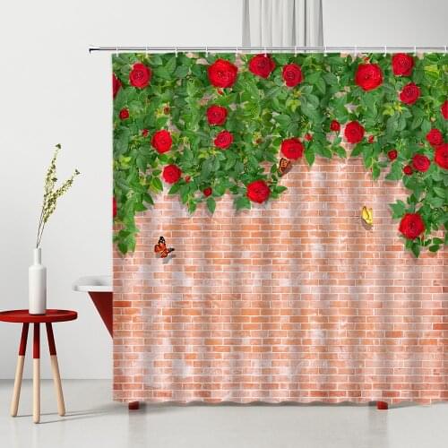 Shower Curtain Green Leaf Red Rose Brick Wall Butterfly Modern Bedroom Garden Decor Photography Background Bathroom Curtains Set