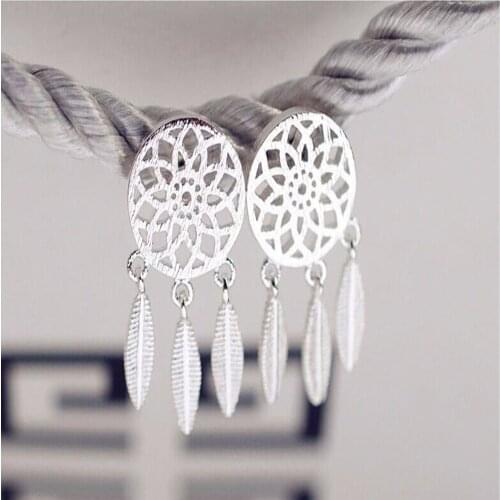 Women Ladies Bohemian Feather Tassel Dream Catcher Dangle Stud Earring Accessory