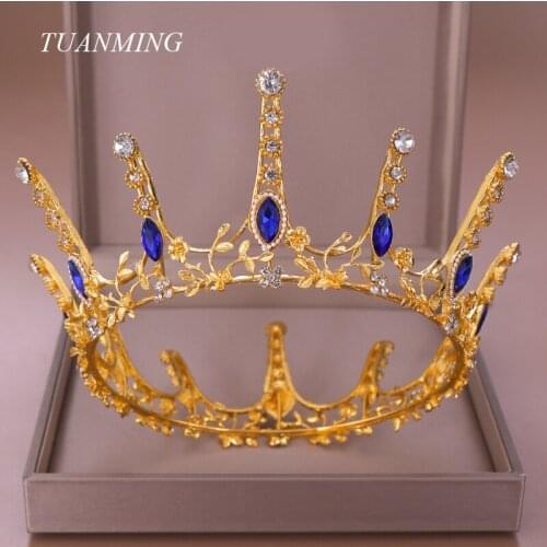 Vintage Gold Wedding Hair Accessories For Women Blue Crystal Tiaras And Crowns Queen King Diadem Bridal Hair Jewelry Ornaments