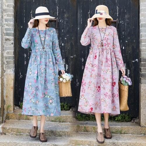 2021 New Arrival Print Floral Prairie Chic Vintage Autumn Dress Cotton Linen Office Lady Work Dress Women Casual Spring Dress
